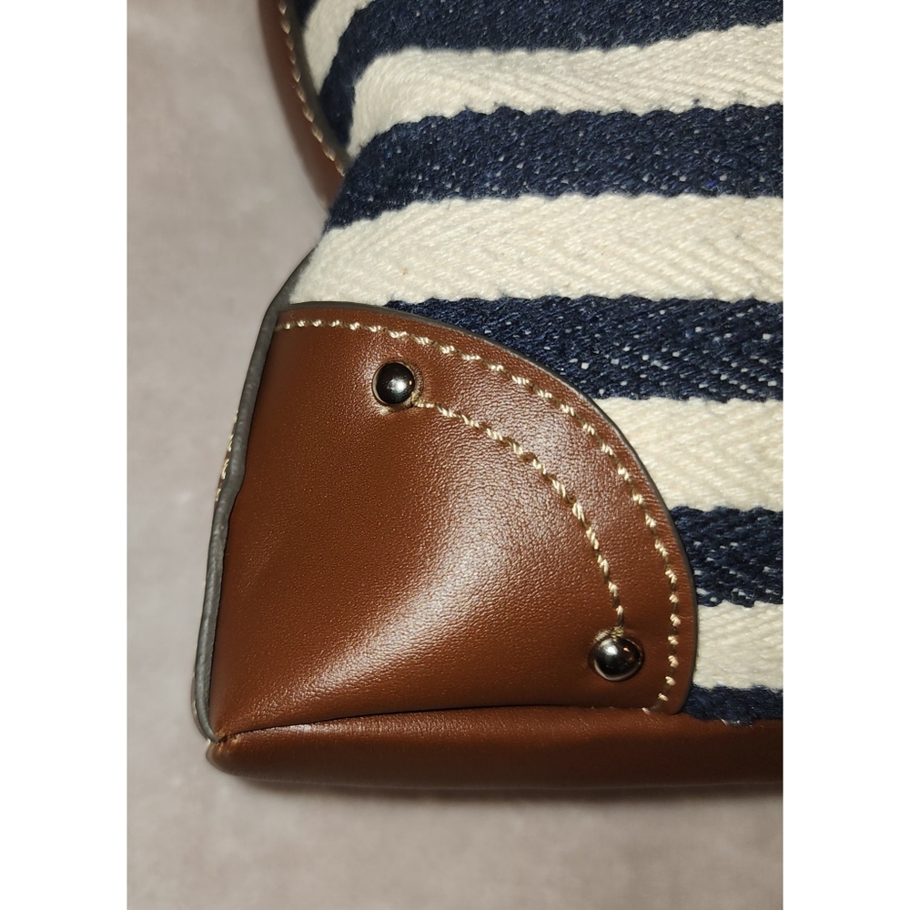 Chaps Crossbody Bag Navy & Cream Stripes W/ Brown Vegan Leather Trim - Picture 7 of 15